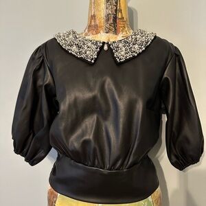Anthropologie Maeve Faux Leather Puff-Sleeve Blouse